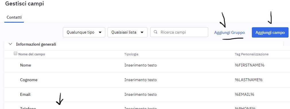 gestione campi di active campaign
