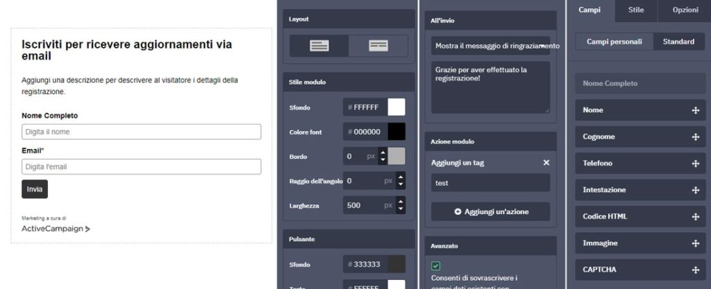 come personalizzare modulo contatto newsletter con active campaign