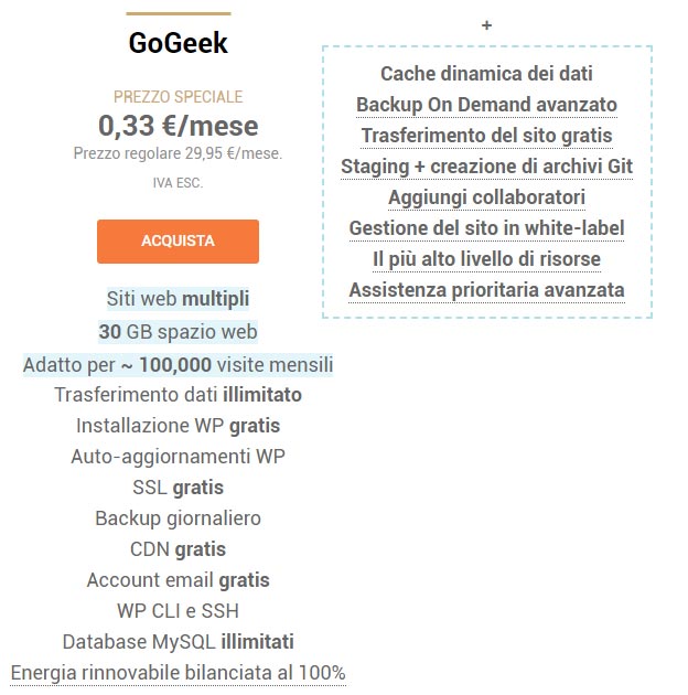 prezzi e tariffe del Piano GoGeek siteground hosting
