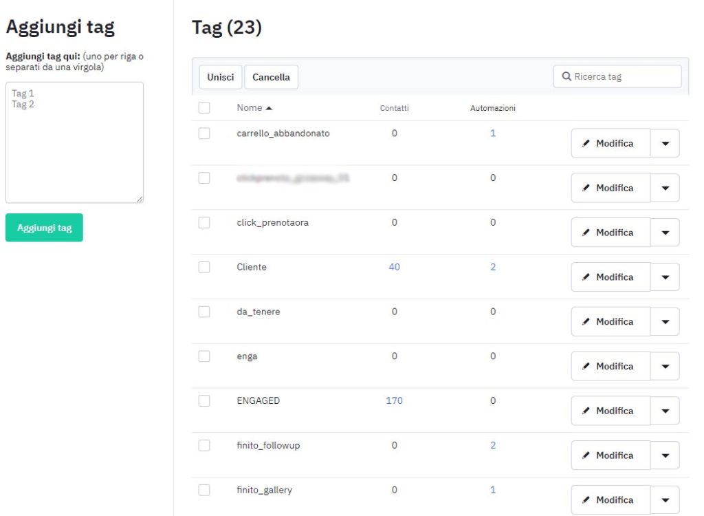 gestione dei tag di active campaign