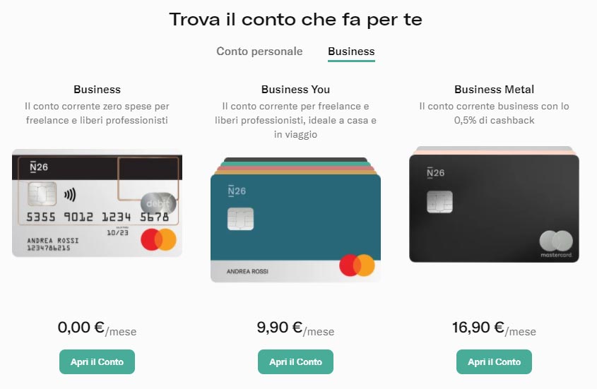 Carta N26 Business, Business You e Business Metal